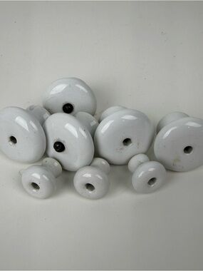 8 Vintage White Porcelain Round Cabinet Drawer Knobs Made in Japan